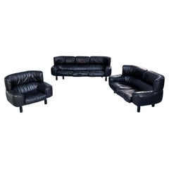 Italian Modern Black Leather Sofas and Armchair Bull by Frattini Cassina, 1980s