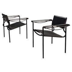 Italian modern black leather Spaghetti armchairs Giandomenico Belotti Alias 1980