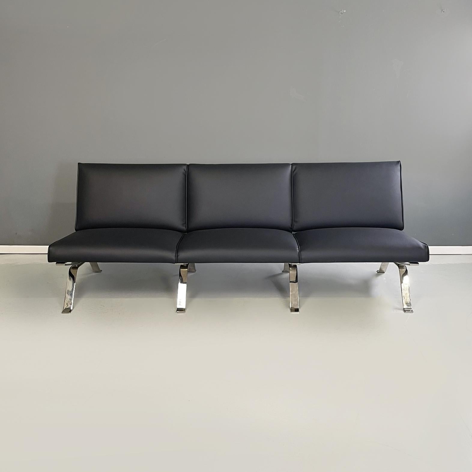 Italian modern black leather Three-seater sofa by Gastone Rinaldi for Rima, 1970s
Three-seater sofa with seat and backrests padded and covered in black faux leather. The legs and the structure are in curved chromed steel.
Produced by Rima in 1970s