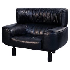 Italian Modern Black Leather Wood Armchair Bull by Frattini for Cassina, 1980s