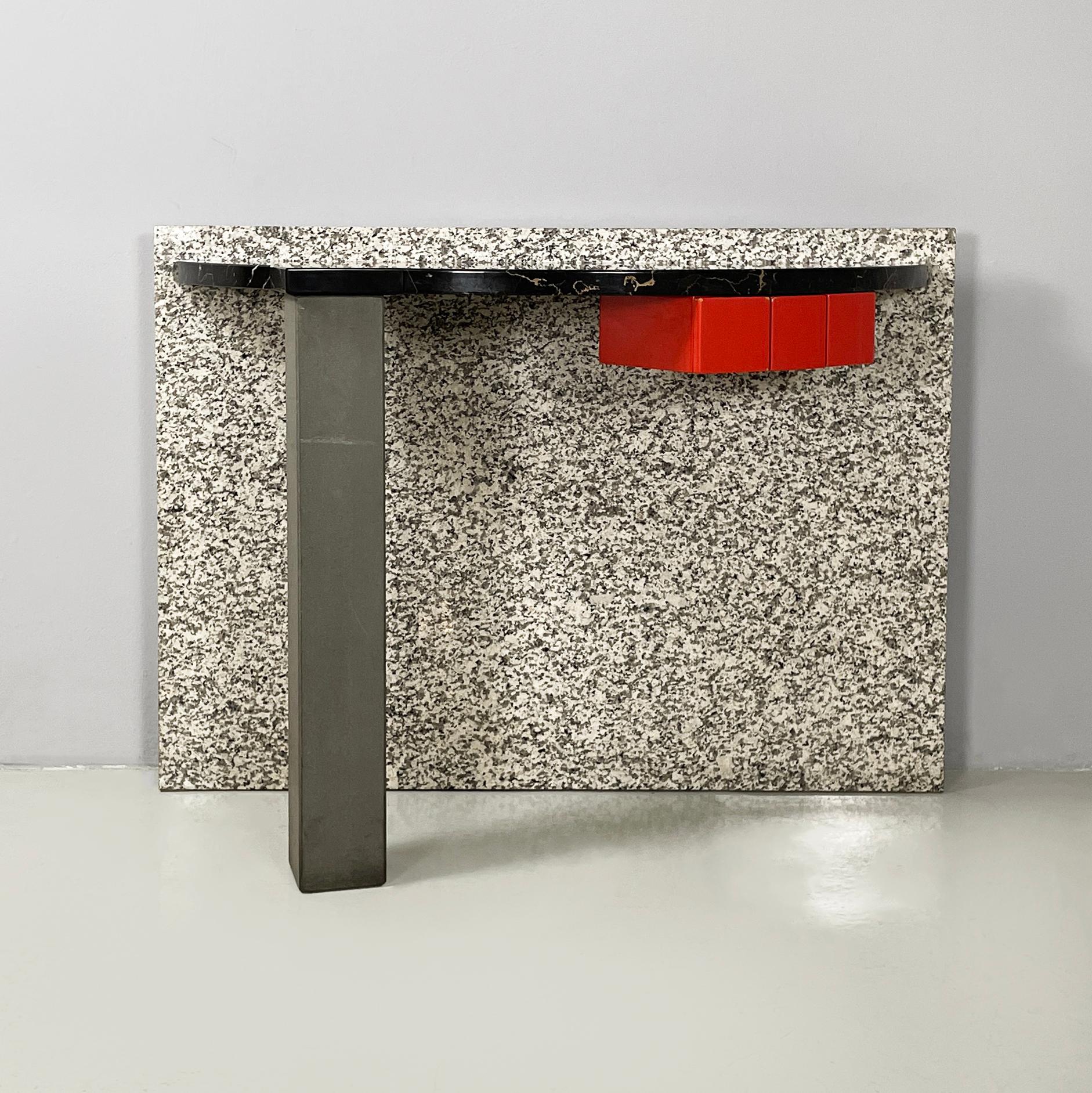Italian modern black marble, wood, serena stone and granite console Belvedere by Aldo Cibic for Memphis, 1980s
Iconic console mod. Belvedere with  demi-lune shaped top in black marble. Under the top there are 3 drawers in red lacquered wood. The top