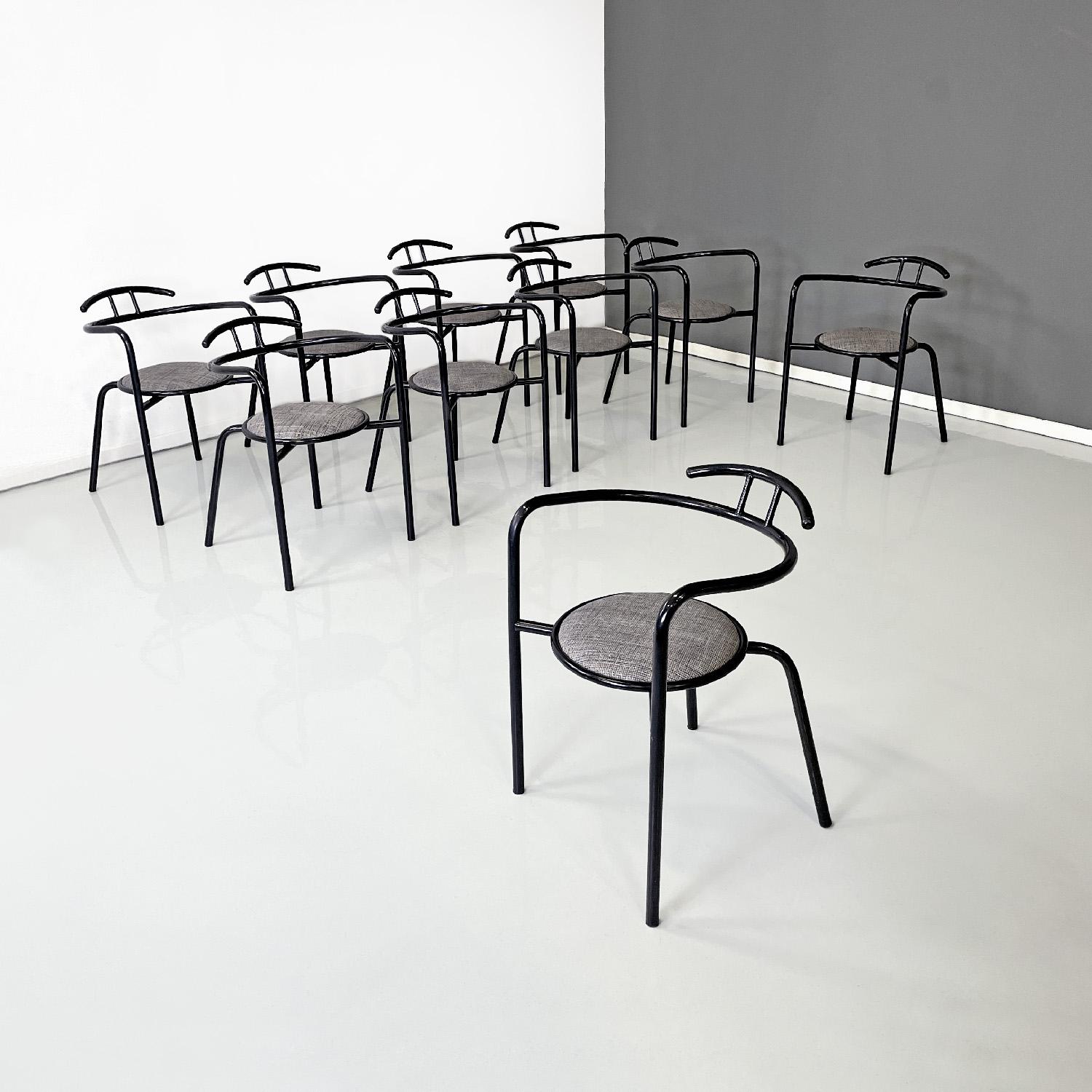 Italian modern black metal and grey fabric chairs with round seats, 1980s
Set of ten chairs with round seats. The structure is in black painted metal rod which curves to form the armrests and the backrest, which has an additional support element.