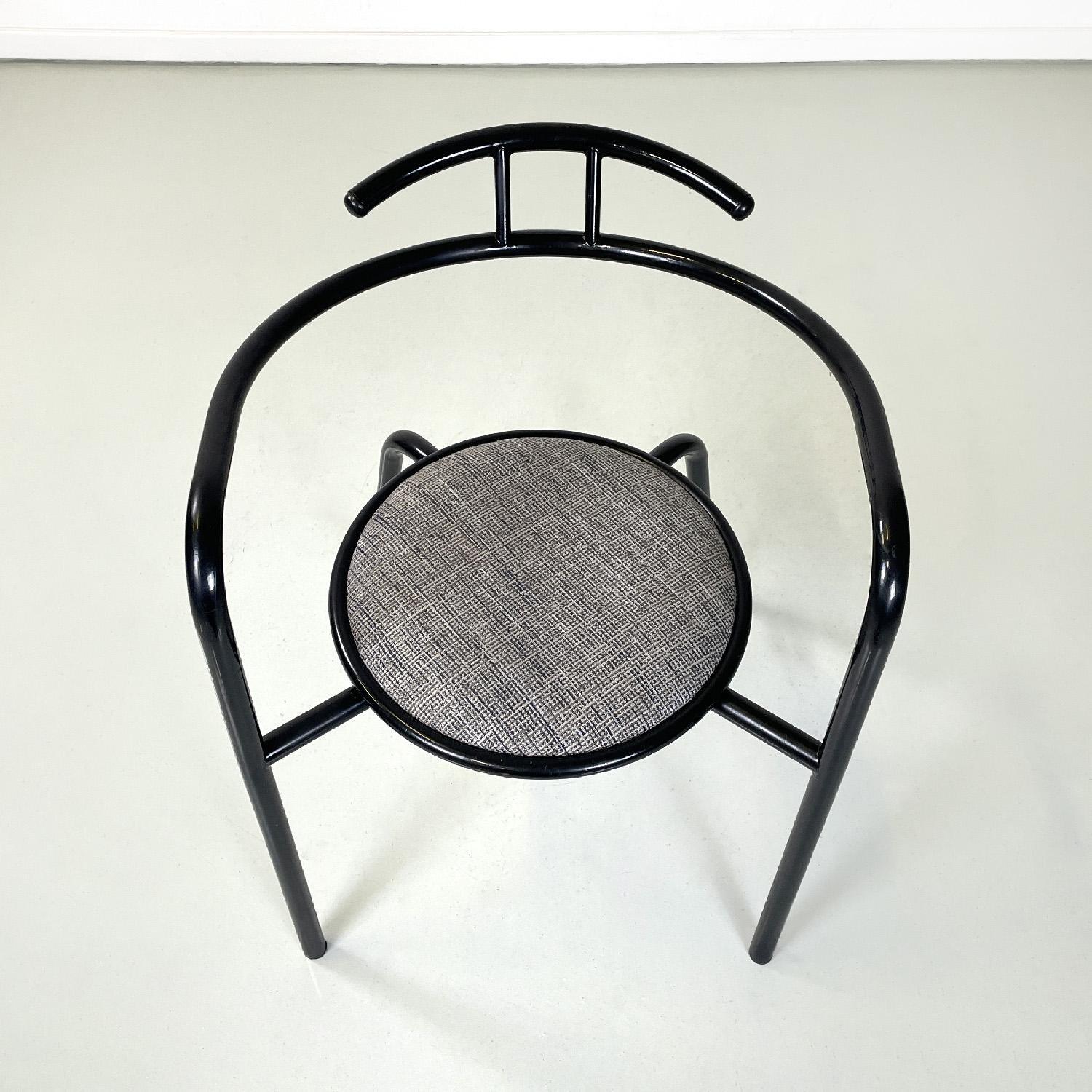 Italian modern black metal and grey fabric chairs with round seats, 1980s For Sale 2
