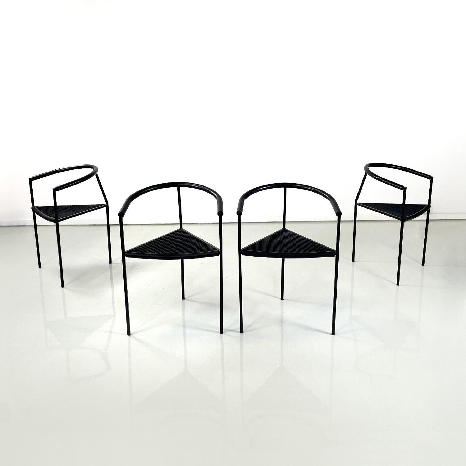 Italian modern black metal rubber chairs by Peregalli Calatroni for Zeus, 1990s
Set of four chairs with triangular seat in textured black rubber. The structure has a square section in matt black painted steel. The chair has a backrest and armrests