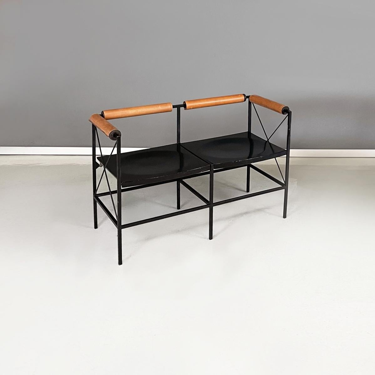 Italian modern black metal wood brown leather two-seater benches by Felicerossi, 1980s
Pair of two-seater benches with rectangular seat in black painted wood. The structure of the bench is entirely in black painted metal, with a X's in metal rod on