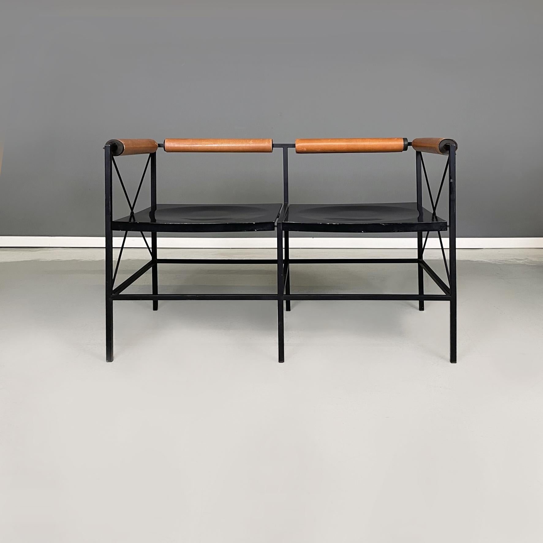 Modern Italian modern black metal wood brown leather 2seater benches Felicerossi, 1980s For Sale