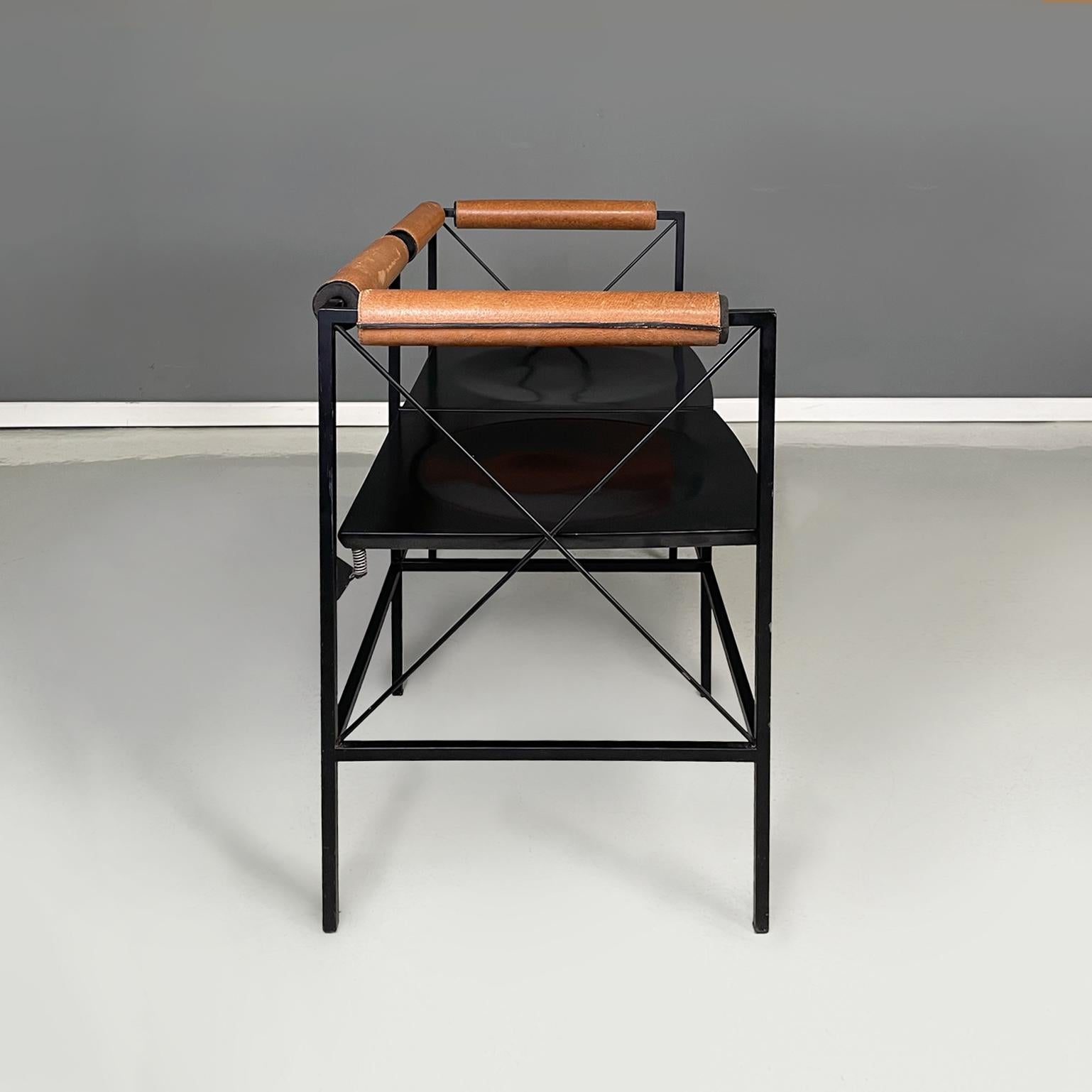 Italian modern black metal wood brown leather 2seater benches Felicerossi, 1980s In Good Condition For Sale In MIlano, IT
