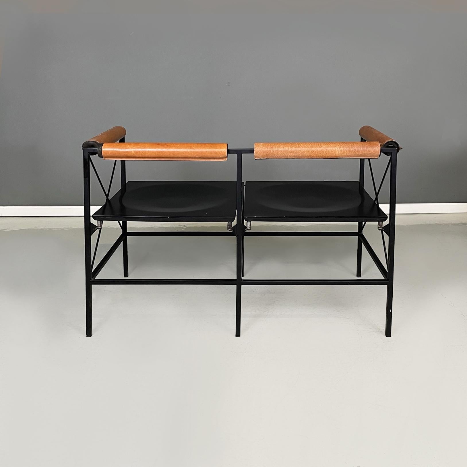 Late 20th Century Italian modern black metal wood brown leather 2seater benches Felicerossi, 1980s For Sale