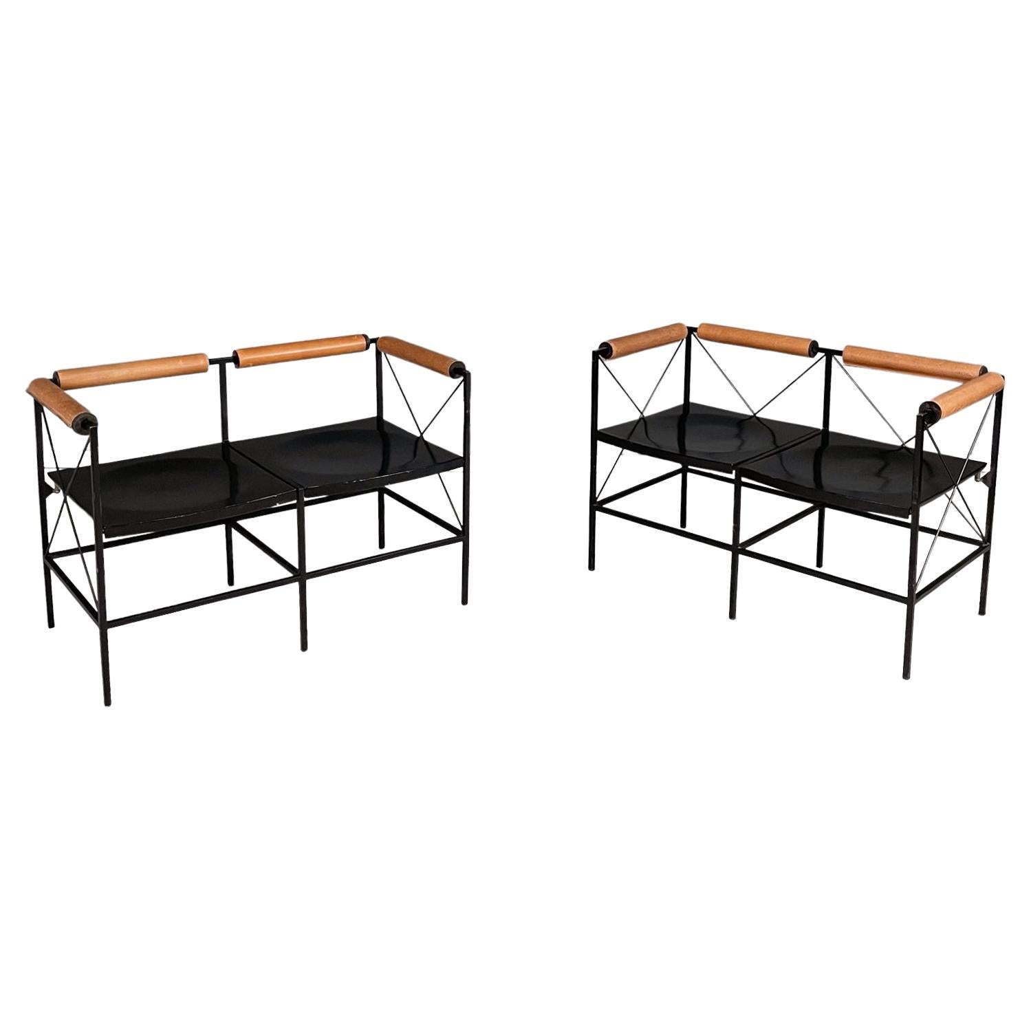 Italian modern black metal wood brown leather 2seater benches Felicerossi, 1980s For Sale