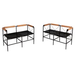 Used Italian modern black metal wood brown leather 2seater benches Felicerossi, 1980s