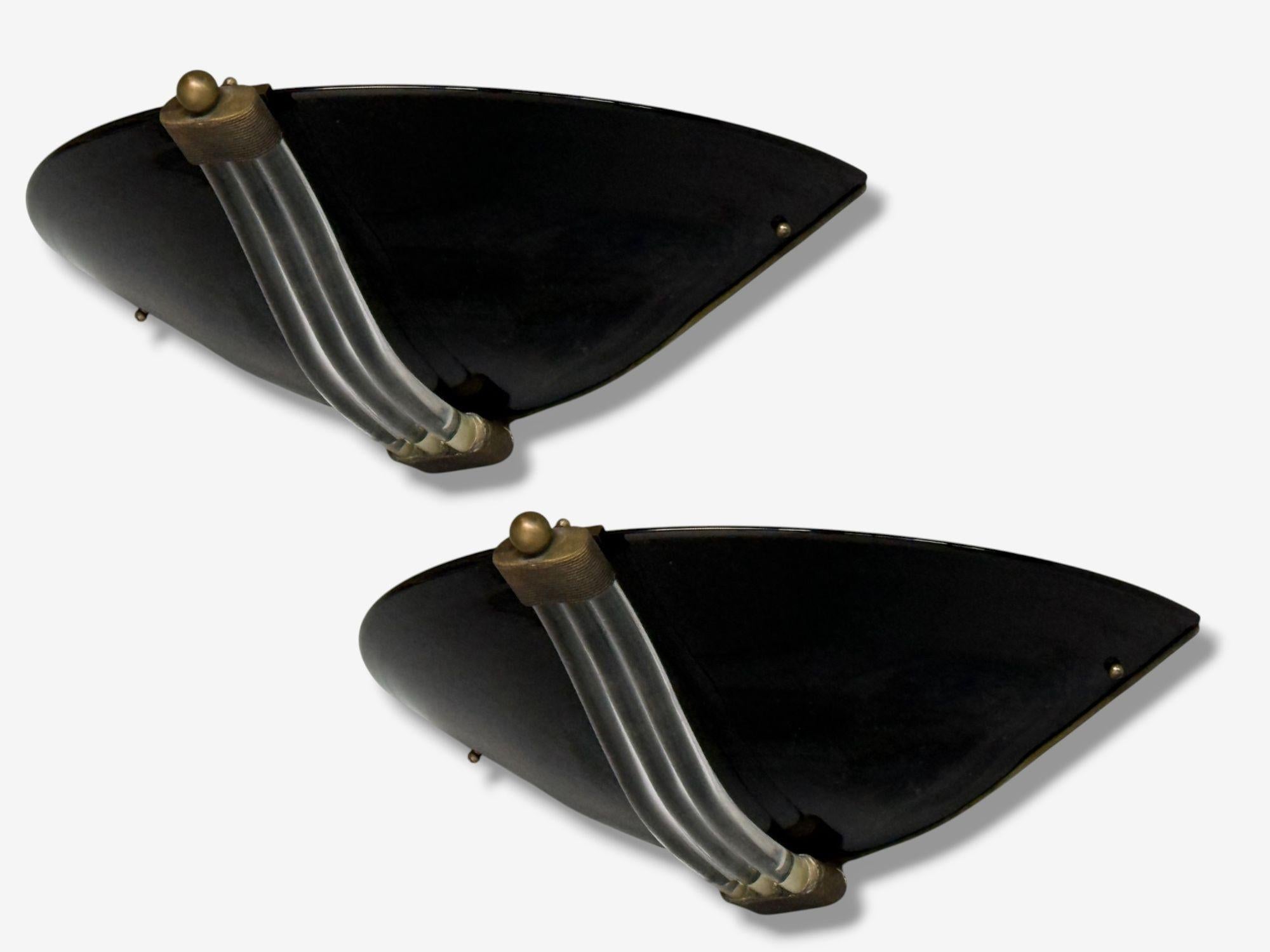 Italian Mid-Century Modern, Black Murano Glass, Brass, Large Sconces or Wall Lights, Italy, 1930s

Pair of monumental Murano glass and patinated brass half-dome shaped wall sconces designed and produced in the first half of 20th century Italy. Each