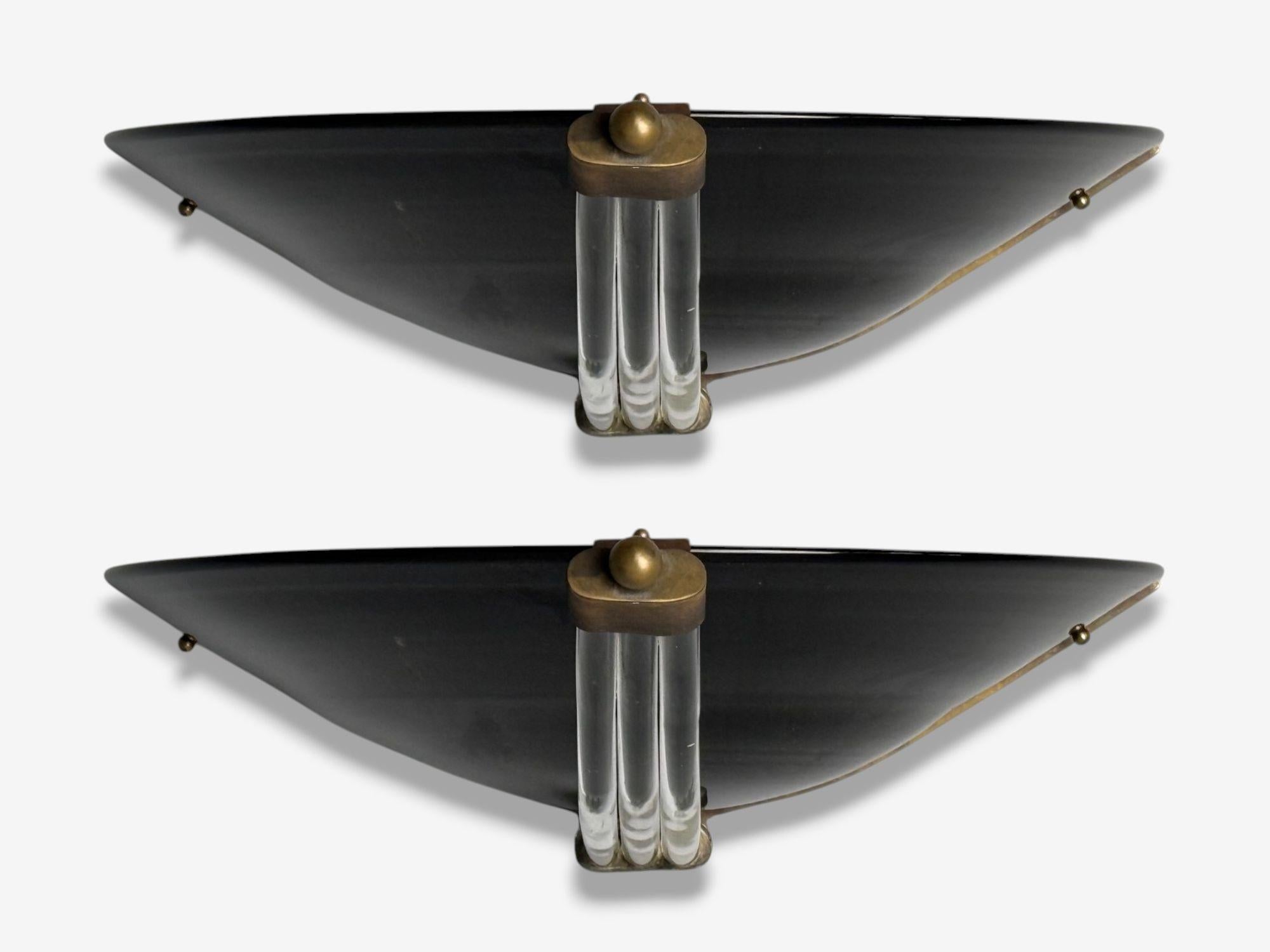 Italian Modern, Black Murano Glass, Brass, Large Sconces, Italy, 1930s In Good Condition For Sale In Manhasset, NY