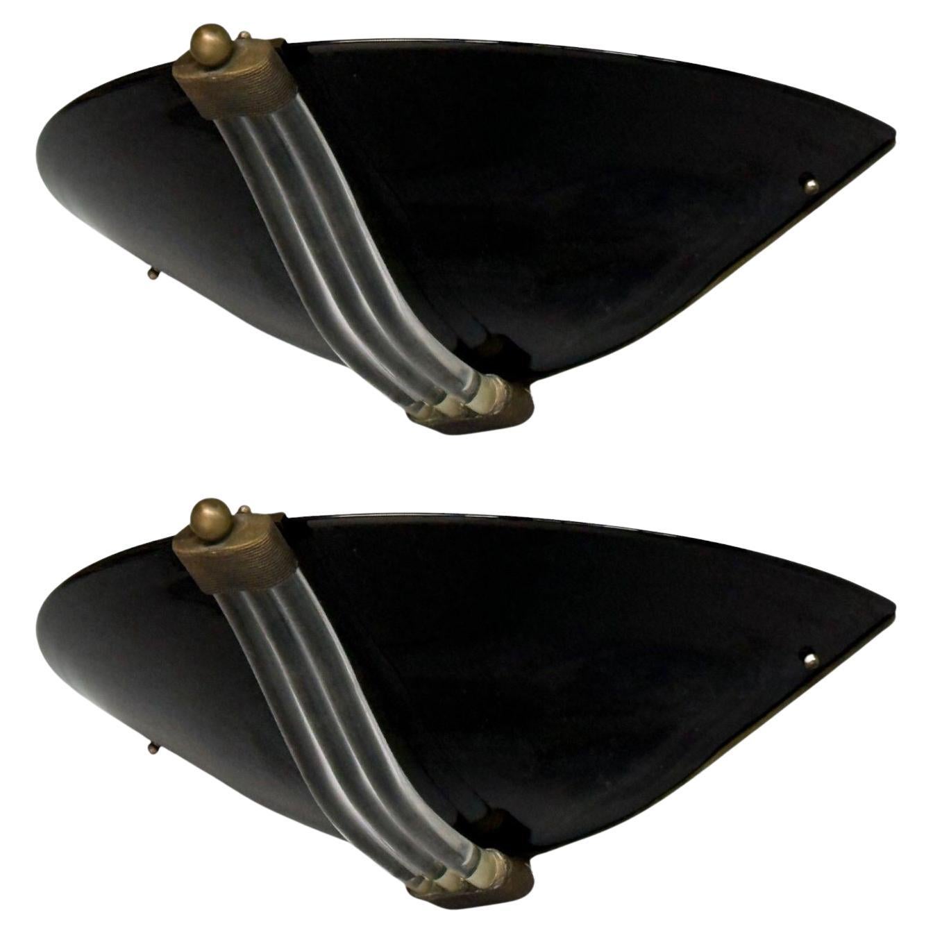 Italian Modern, Black Murano Glass, Brass, Large Sconces, Italy, 1930s For Sale