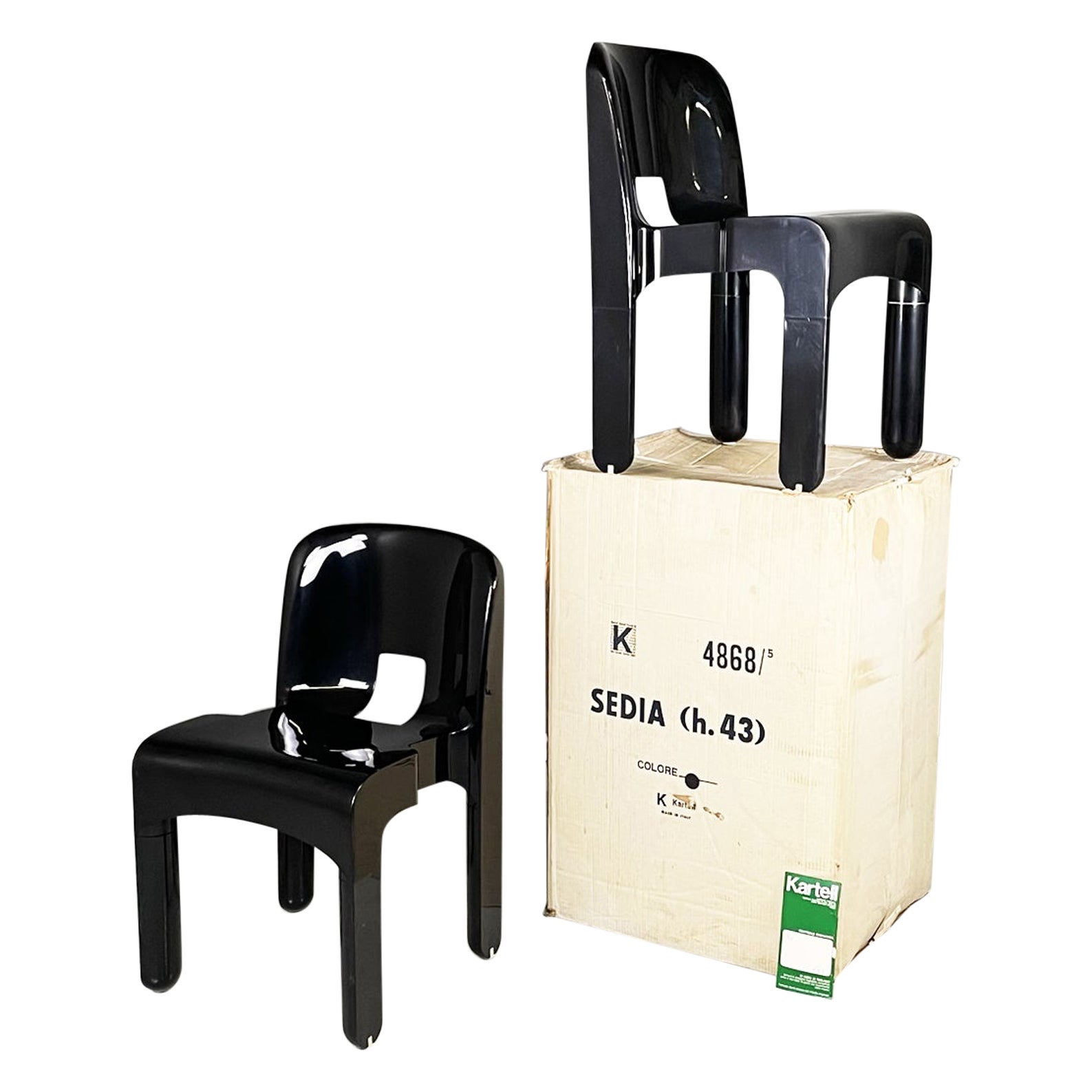 Italian Modern Black Plastic Chairs 4868 by Joe Colombo for Kartell, 1970s