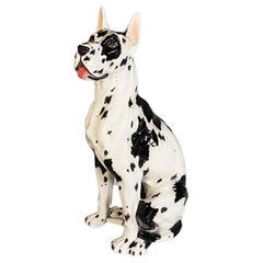 Vintage Italian Modern Black & White Ceramic Sculpture of Harlequin Great Dane Dog 1980s