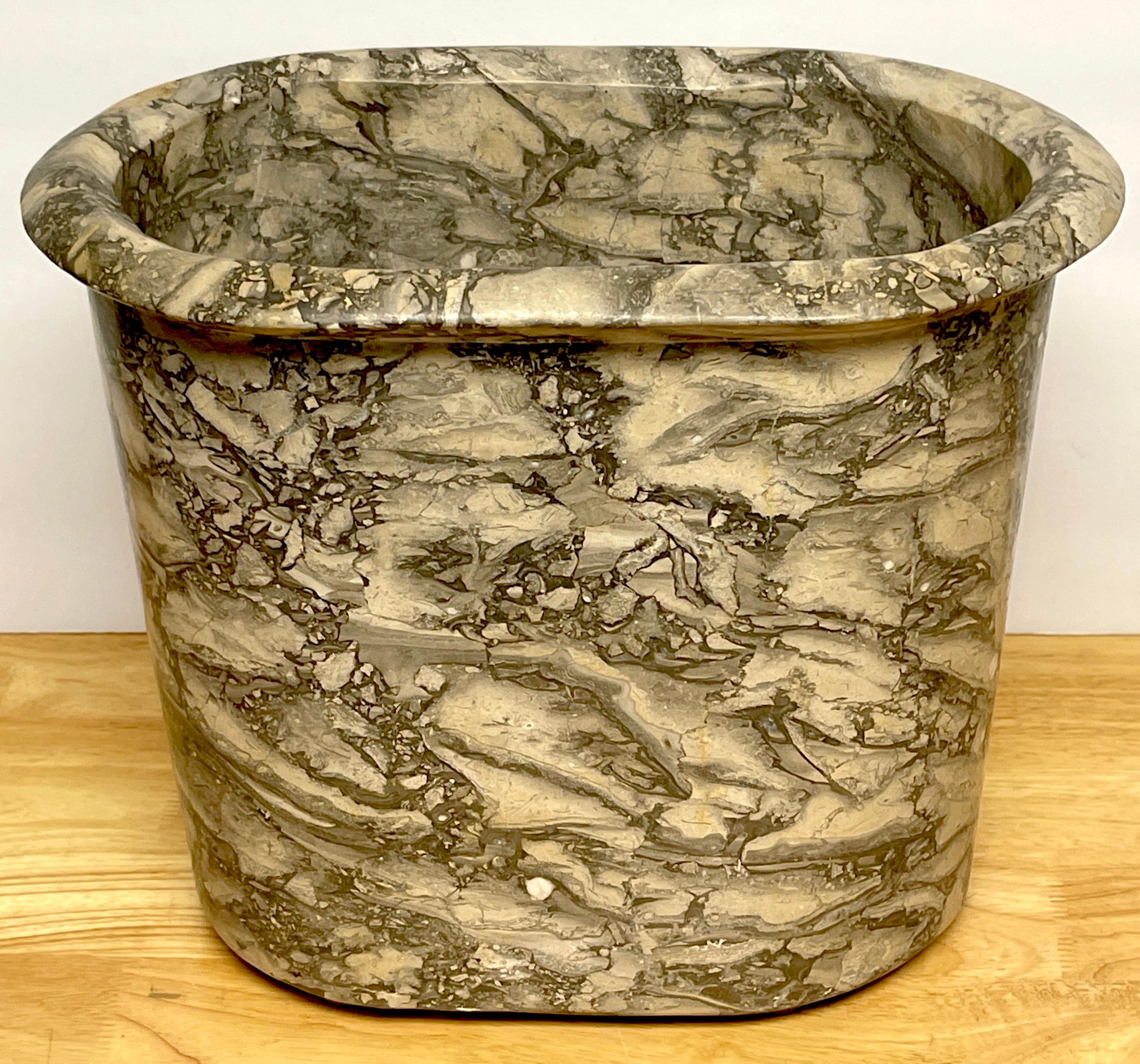 white marble trash can