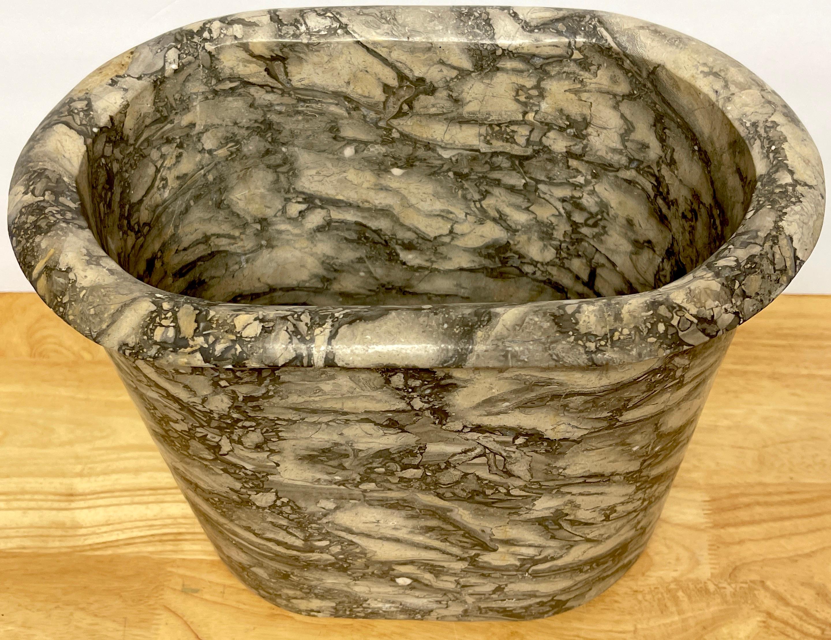 Hand-Carved Italian Modern Black & White Variegated Marble Wastepaper Basket/ Trash Can