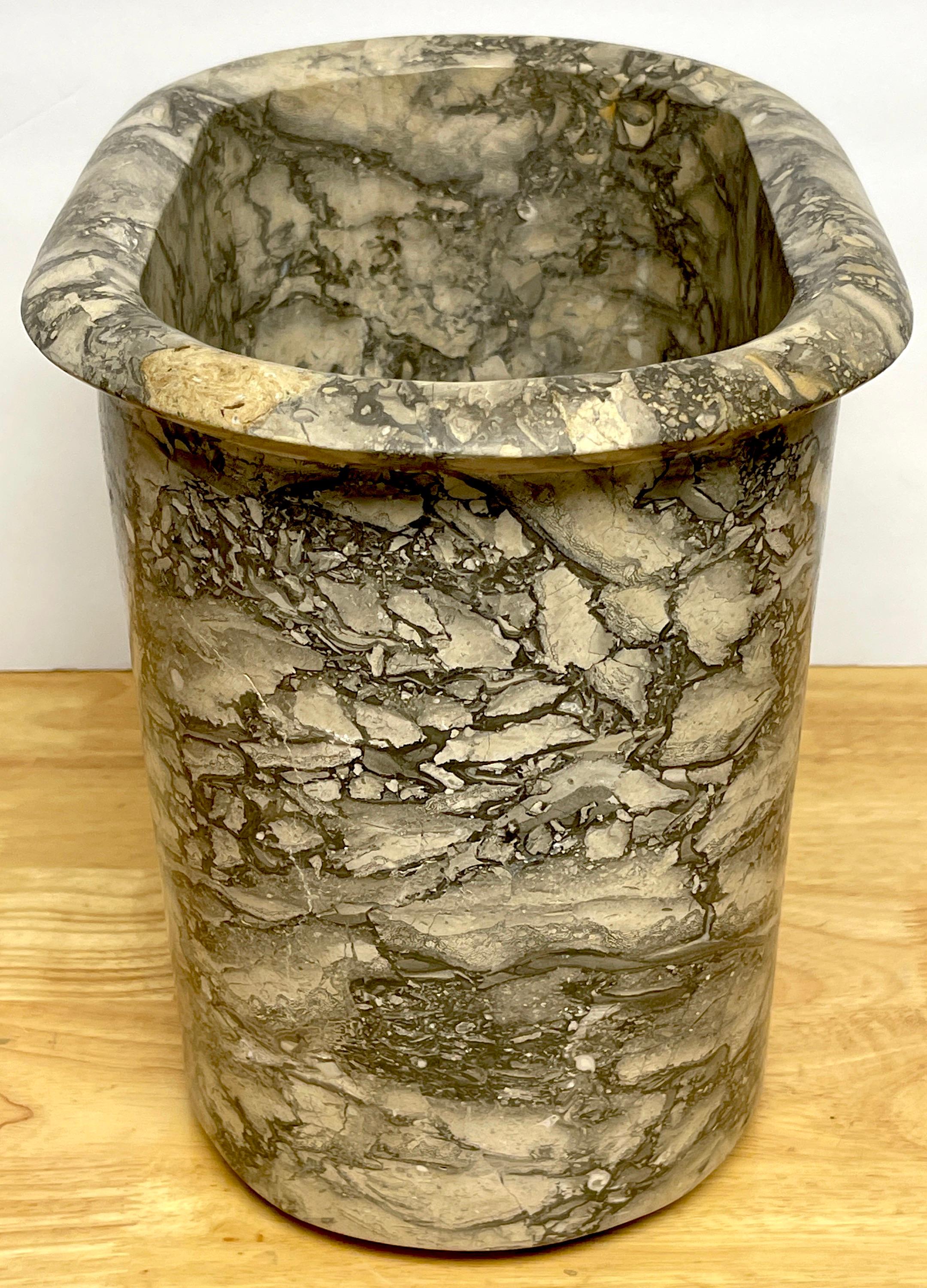 Italian Modern Black & White Variegated Marble Wastepaper Basket/ Trash Can In Good Condition In West Palm Beach, FL