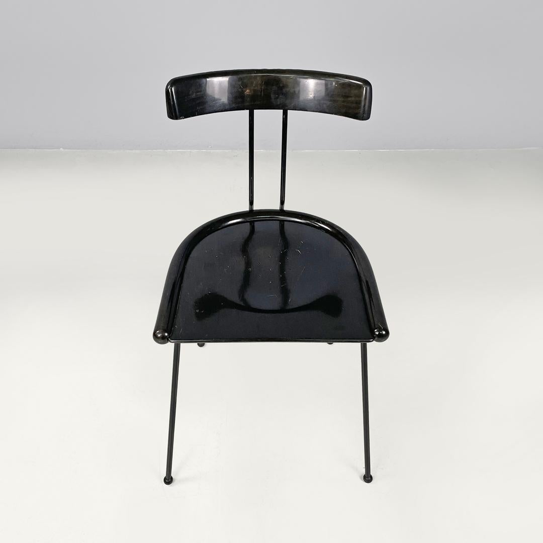 Metal Italian modern black wood and metal chairs with rounded profiles, 1980s For Sale