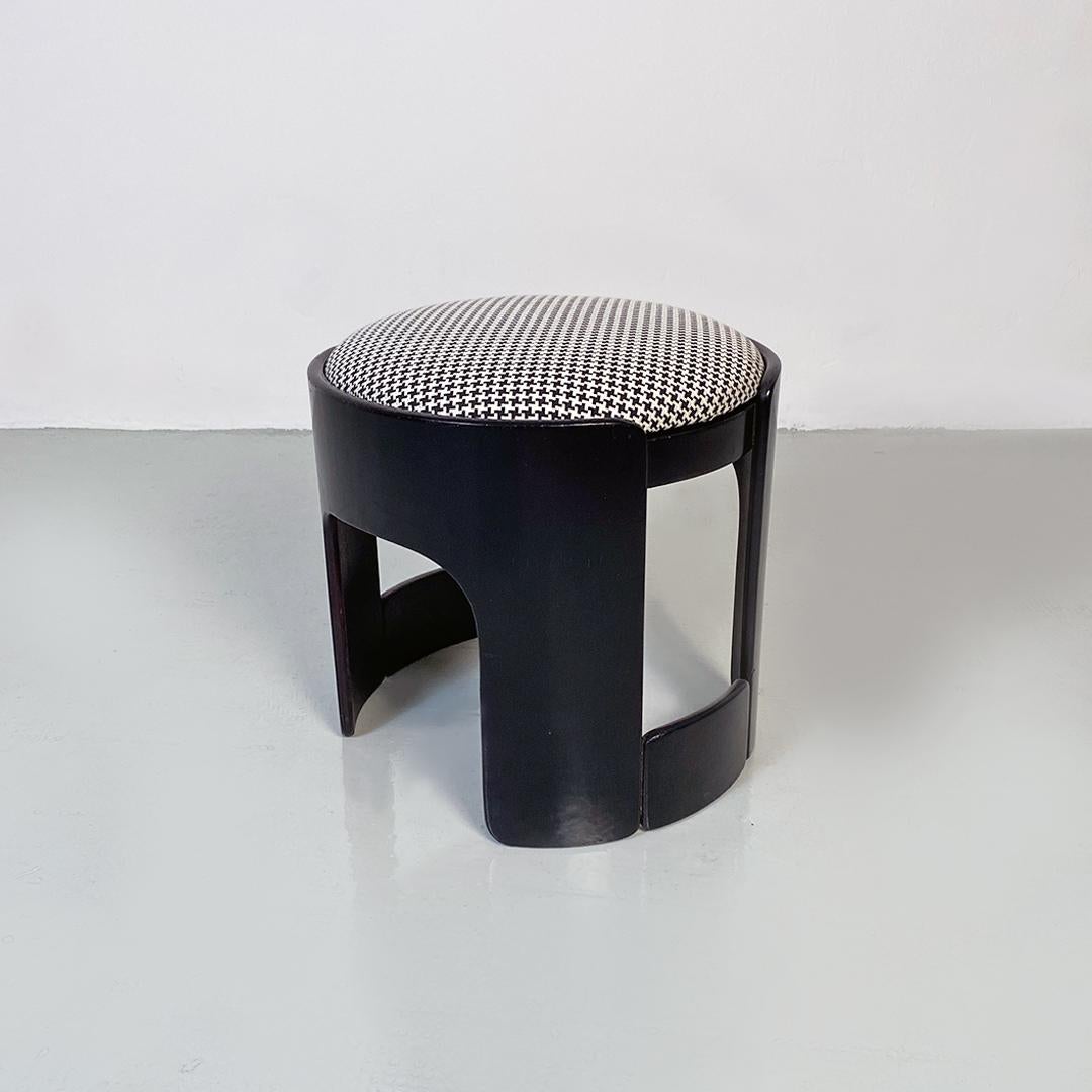 Late 20th Century Italian Modern Black Wood and Pied De Poule Pattern Seat Pouf or Stool, 1970s