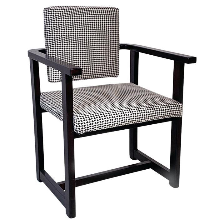 Italian Modern Black Wood Base and Pied De Poule Cotton Seat Armchair, 1970s For Sale