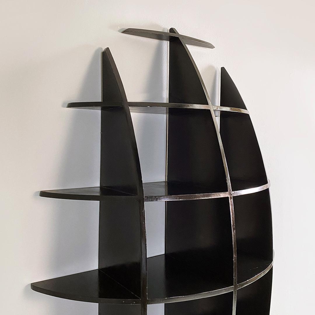 Late 20th Century Italian Modern Black Wood Convex Shape Wall Bookcase Joe Colombo Style, 1980s For Sale