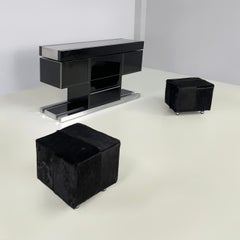 Italian modern Black wood and metal bar cabinet with leather poufs, 1970s