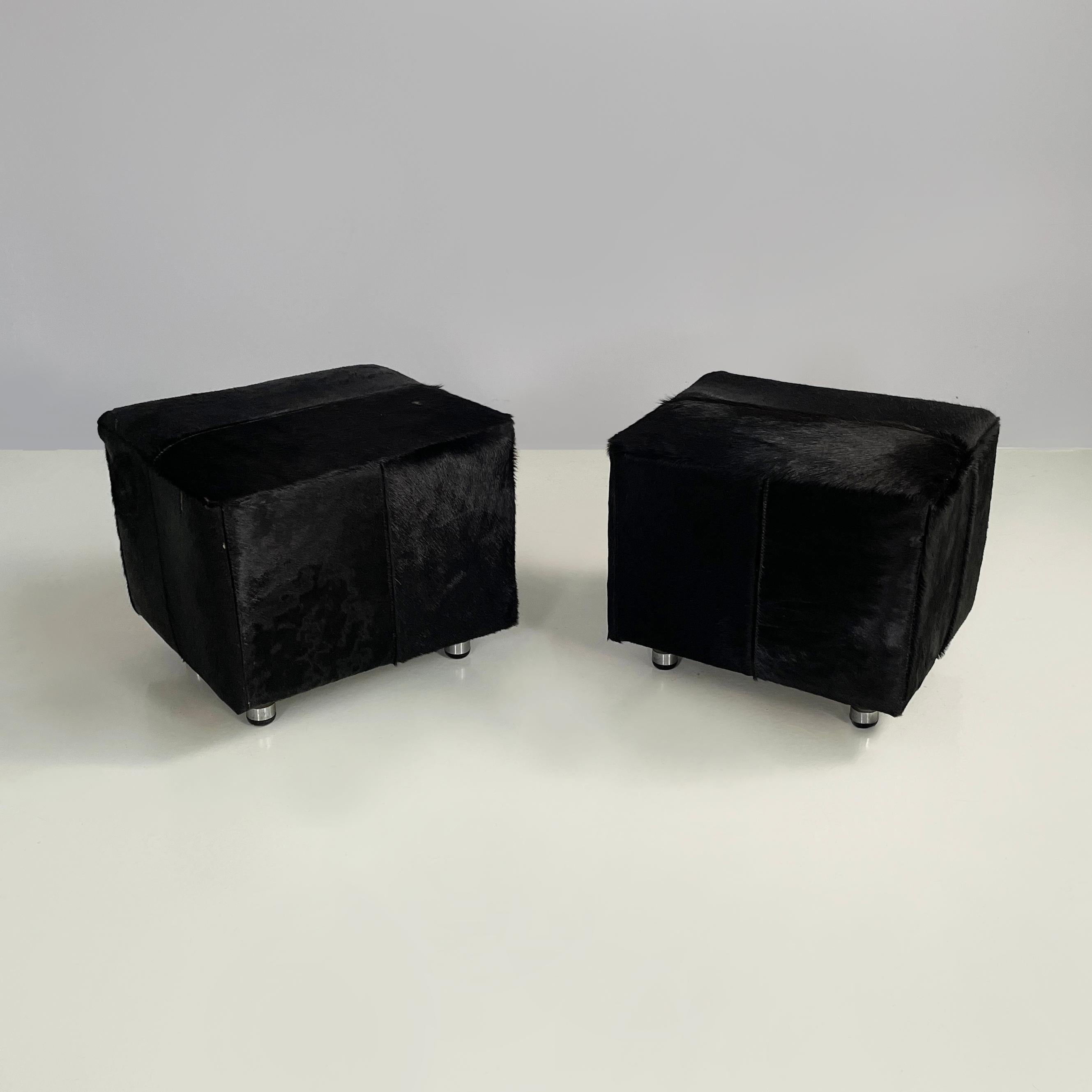 Italian modern Black wood and metal bar cabinet with leather poufs, 1970s For Sale 2