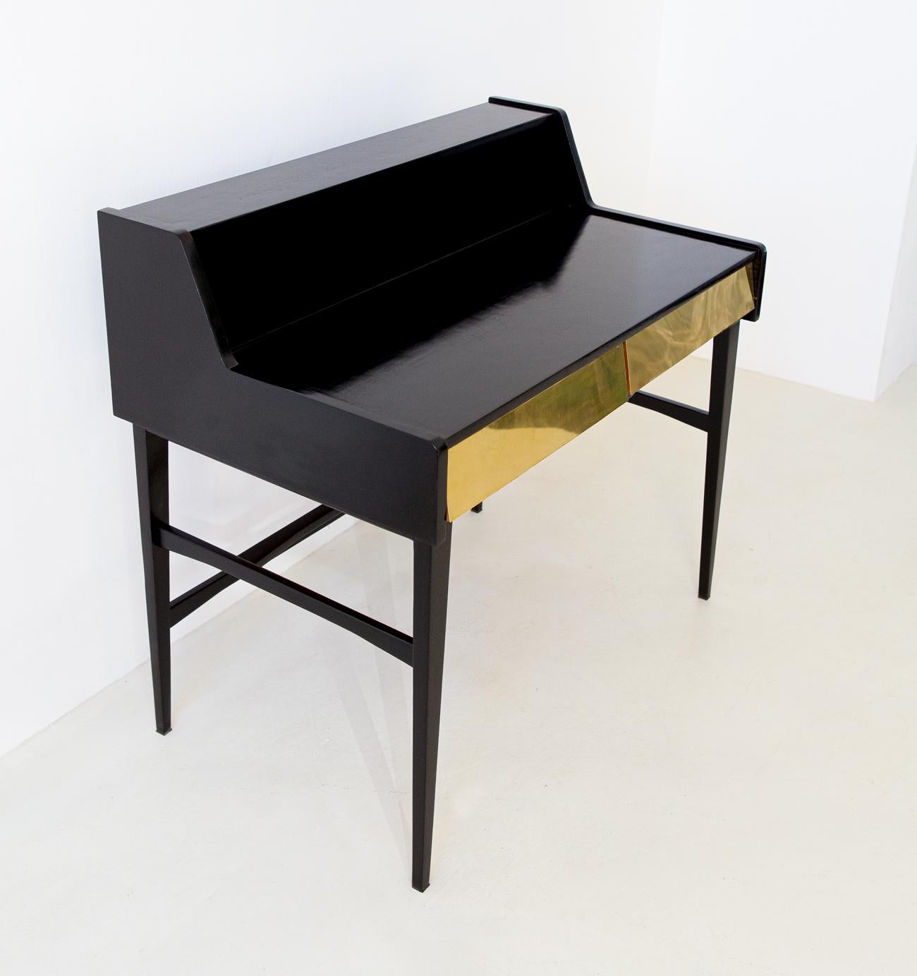 Mid-20th Century Italian Modern Black Writing Desk with Brass Drawers