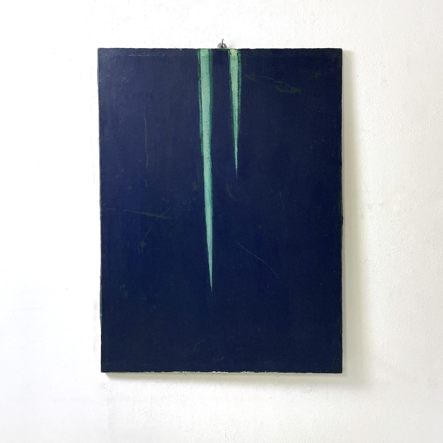 Italian modern blue and green acrylic painting by Domenico Messana, 1972
Rectangular acrylic painting. The background is an intense and deep blue. In the upper central part there are two pointed vertical elements, one extends beyond the center of