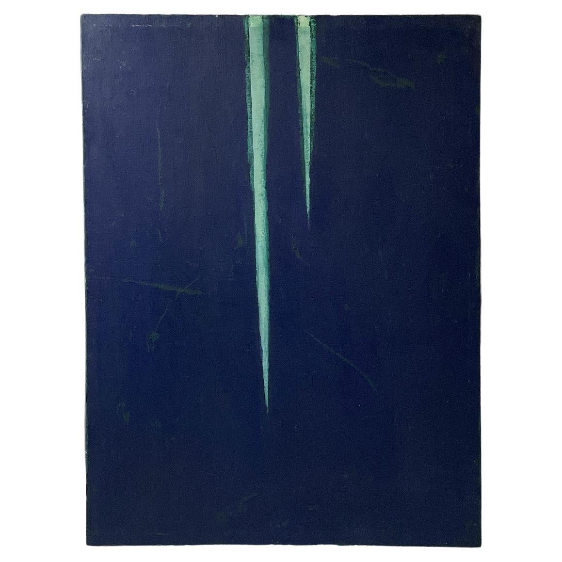 Italian modern blue and green acrylic painting by Domenico Messana, 1972 For Sale