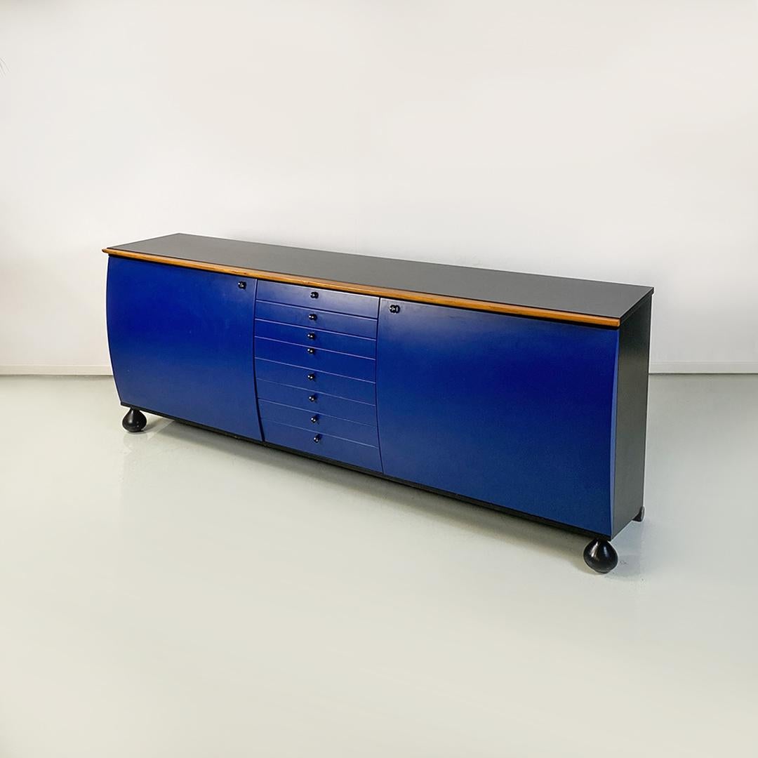 Italian Modern Blue Black Solid Wood Sideboard by Umberto Asnago, Giorgetti 1982 In Good Condition For Sale In MIlano, IT