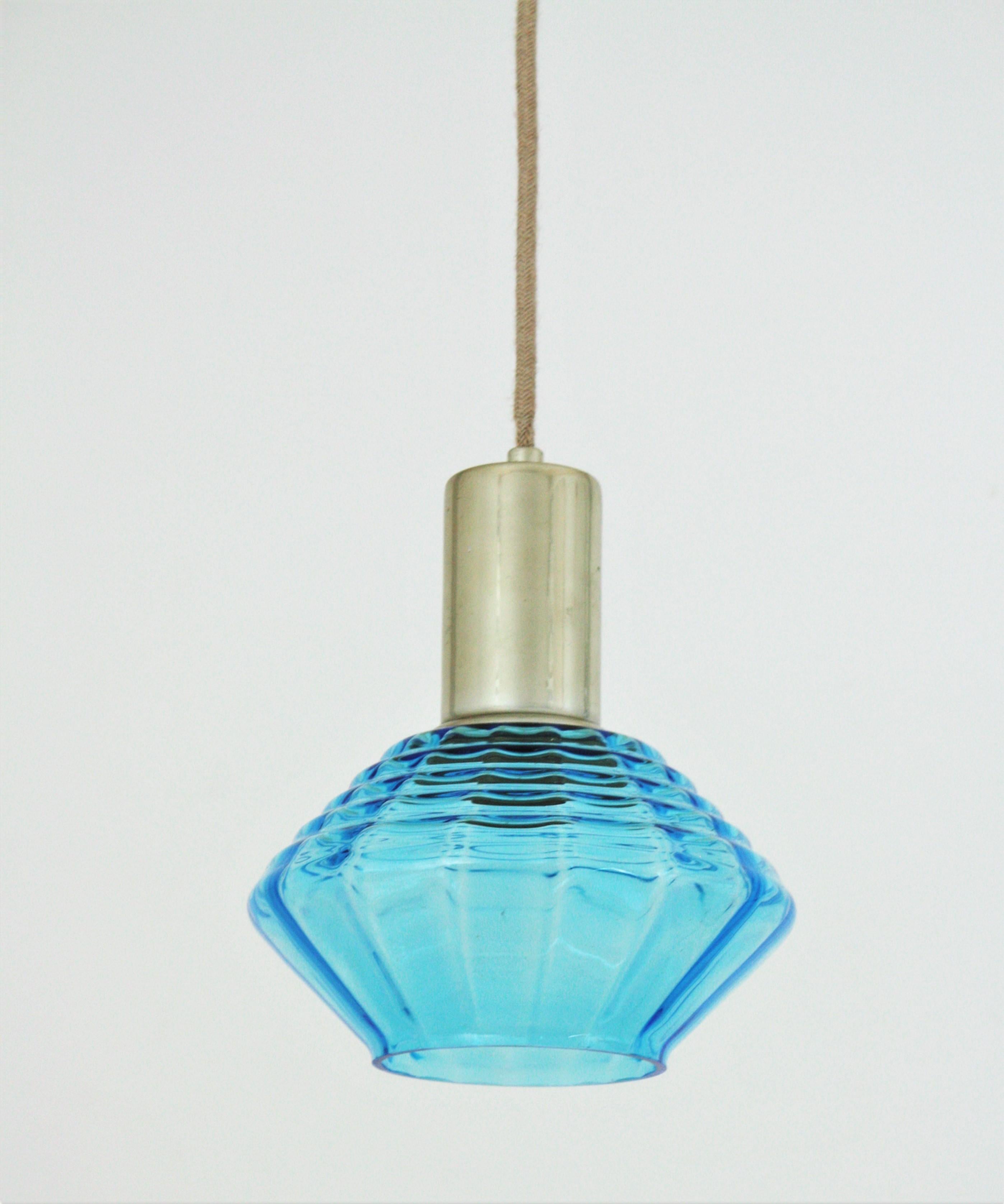 Mid-Century Modern Italian Modern Blue Glass and Chrome Suspension / Pendant Lamp For Sale