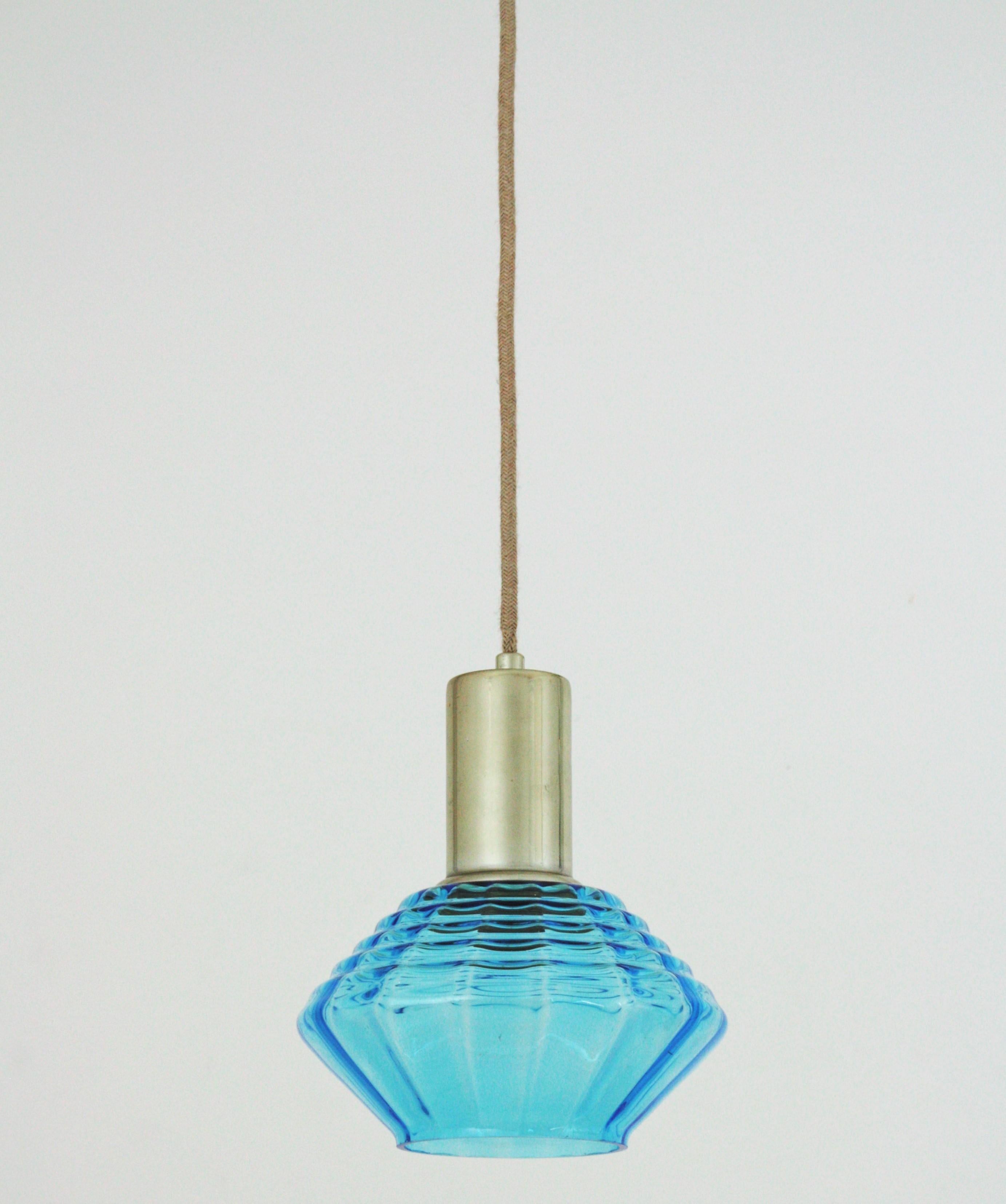 20th Century Italian Modern Blue Glass and Chrome Suspension / Pendant Lamp For Sale