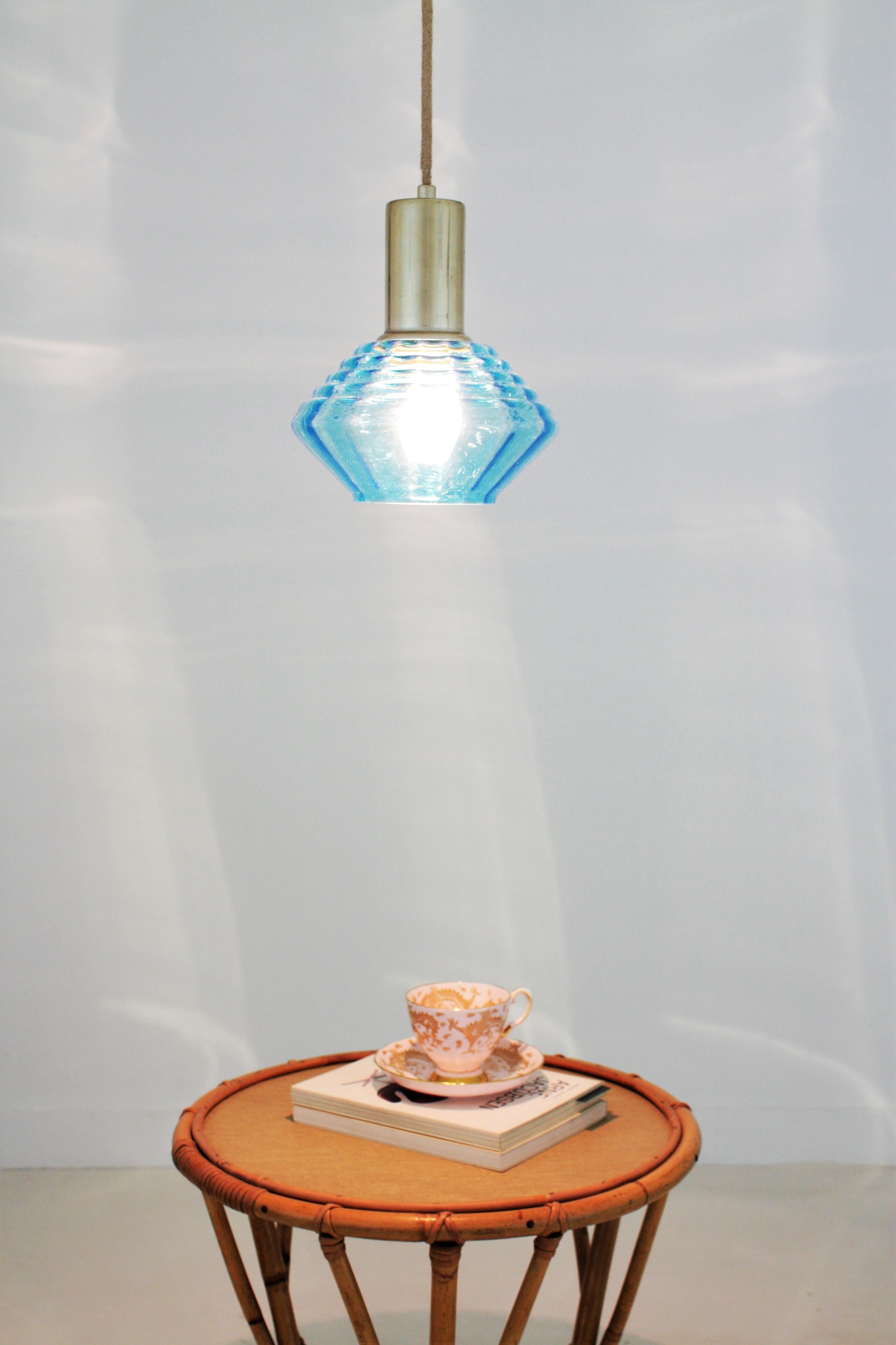 Art Glass Italian Modern Blue Glass and Chrome Suspension / Pendant Lamp For Sale
