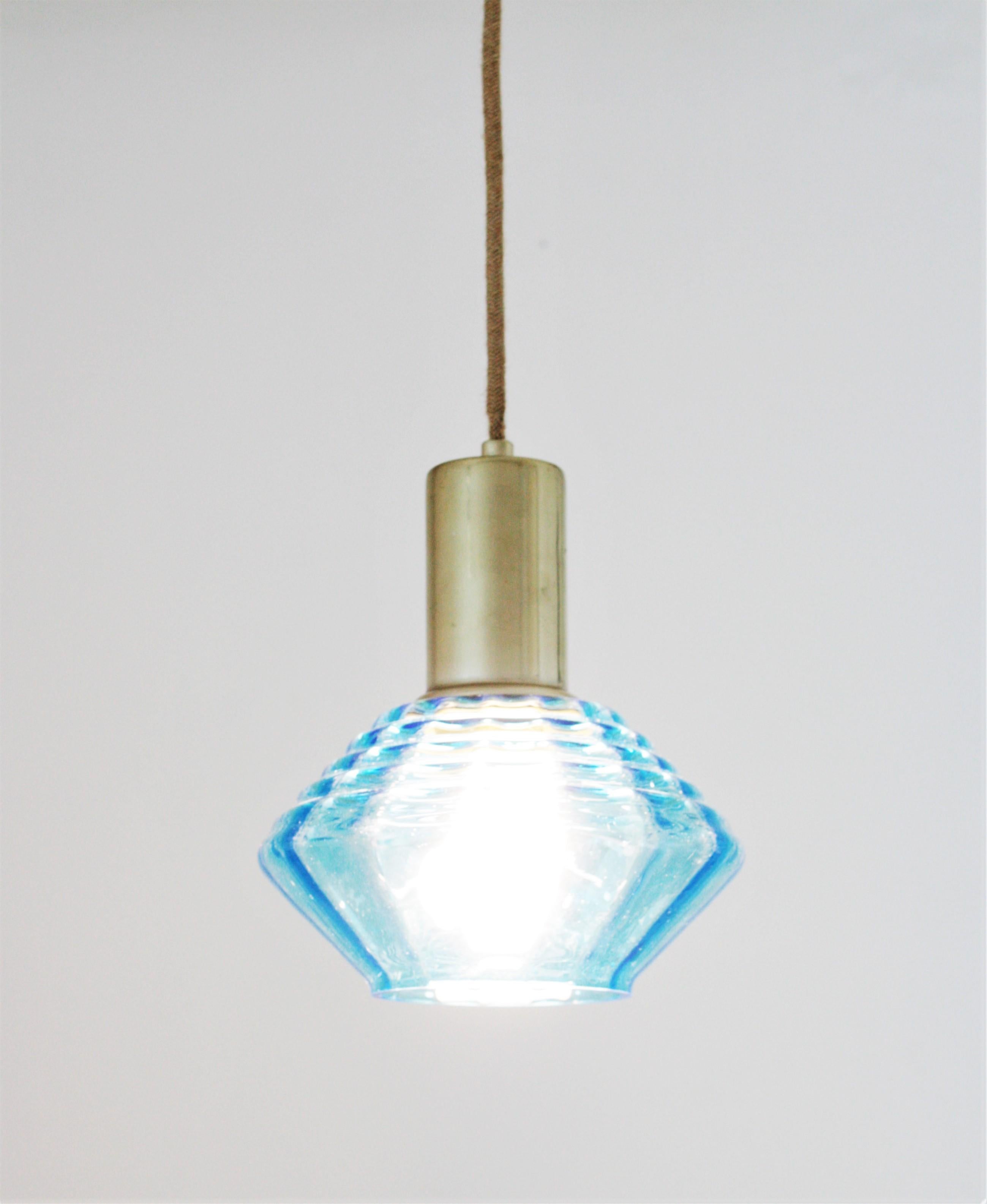 Italian Modern Blue Glass and Chrome Suspension / Pendant Lamp For Sale 1