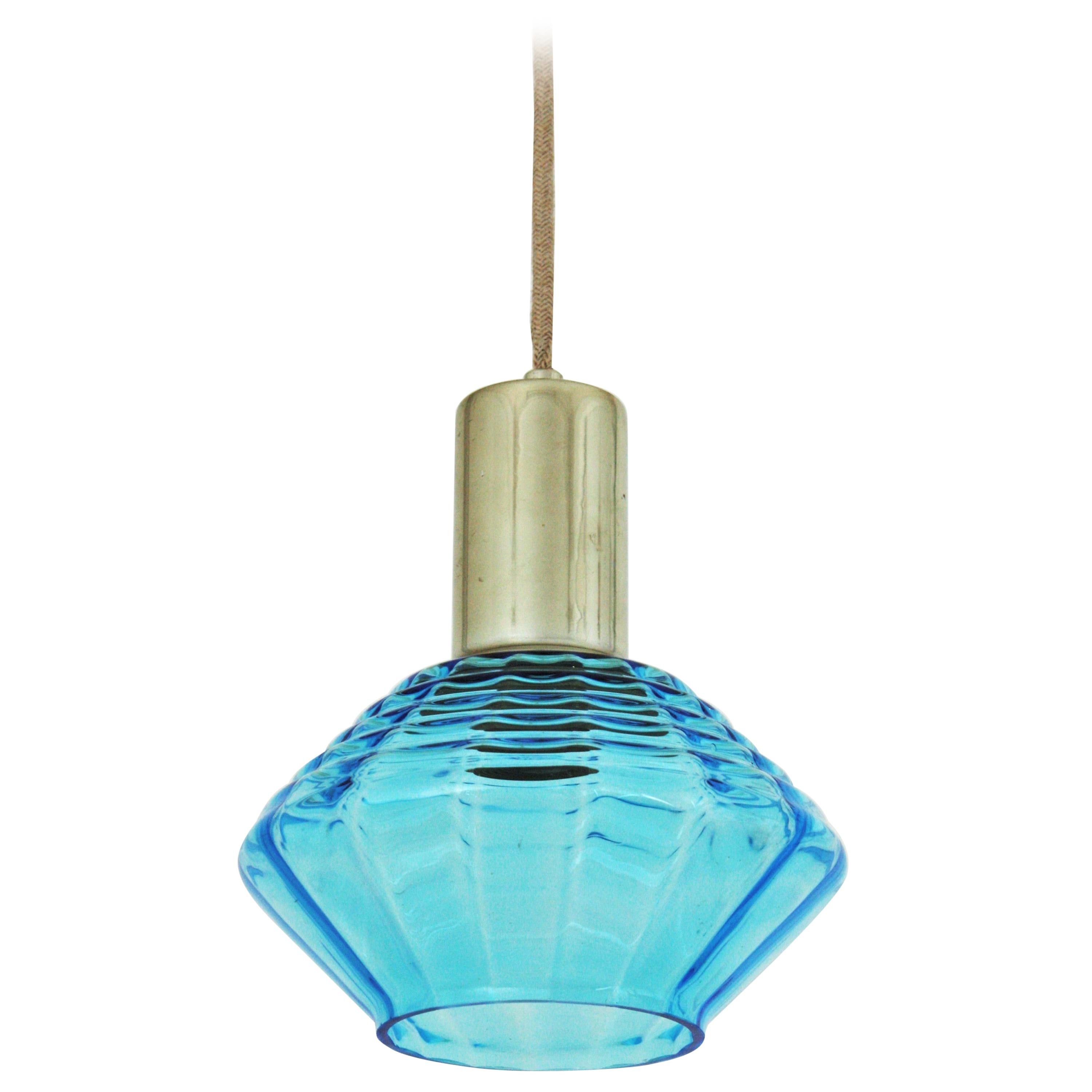 Italian Modern Blue Glass and Chrome Suspension / Pendant Lamp