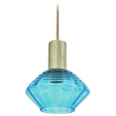 Retro Italian Modern Blue Glass and Chrome Suspension / Pendant Lamp