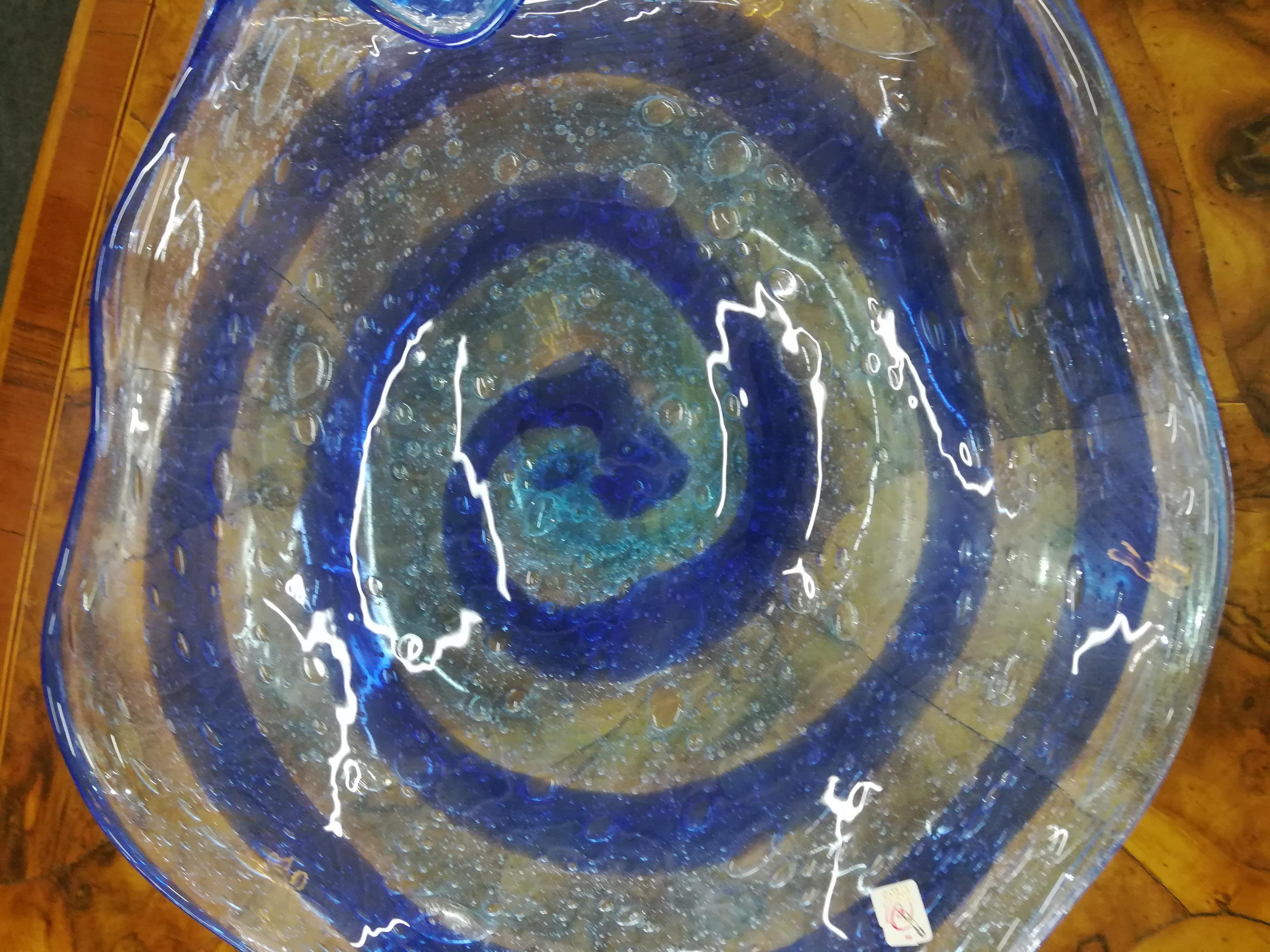 Art Glass Italian Modern Blue Blown Glass Plate For Sale