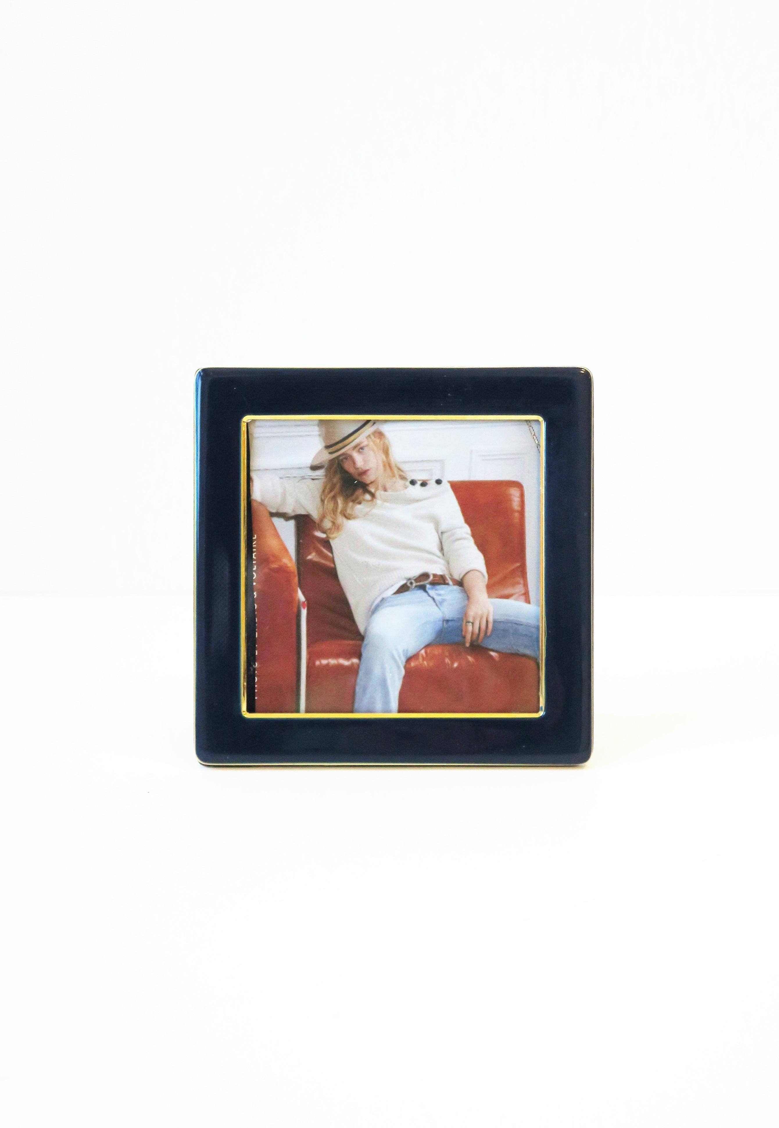 Lacquered Italian Blue Enamel and Gold Brass Picture Frame For Sale