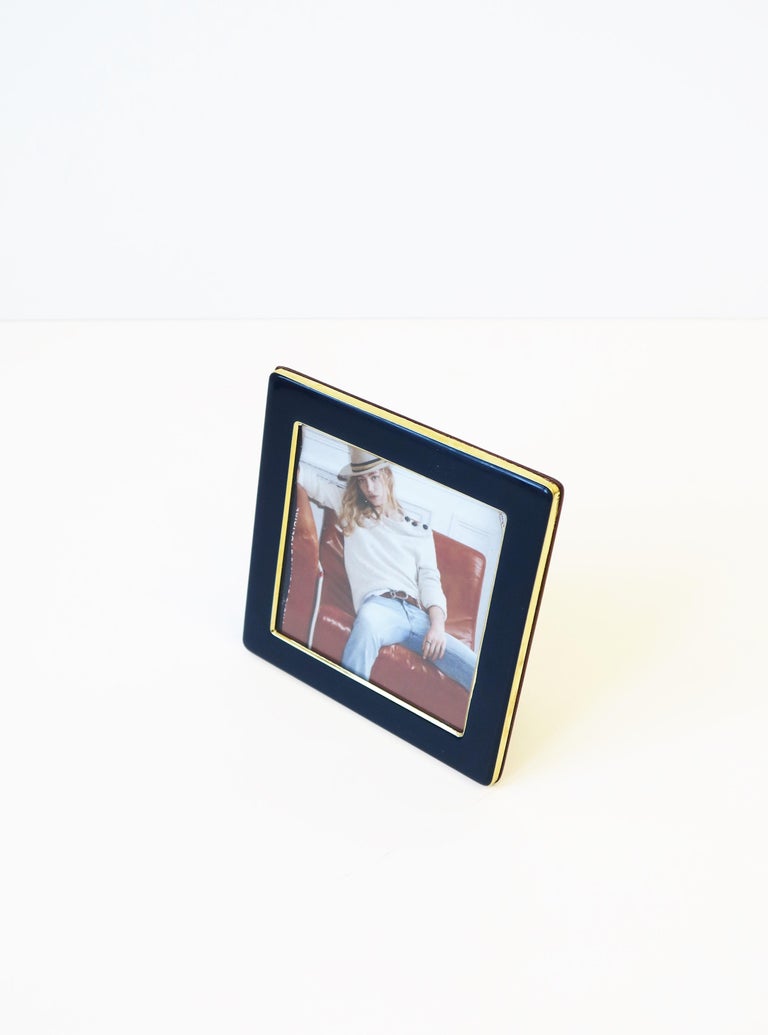 Italian Modern Blue Enamel and Gold Brass Picture Frame For Sale at 1stDibs