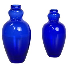 Vintage Italian modern blue Murano glass pair of vases by Venini, 1990s