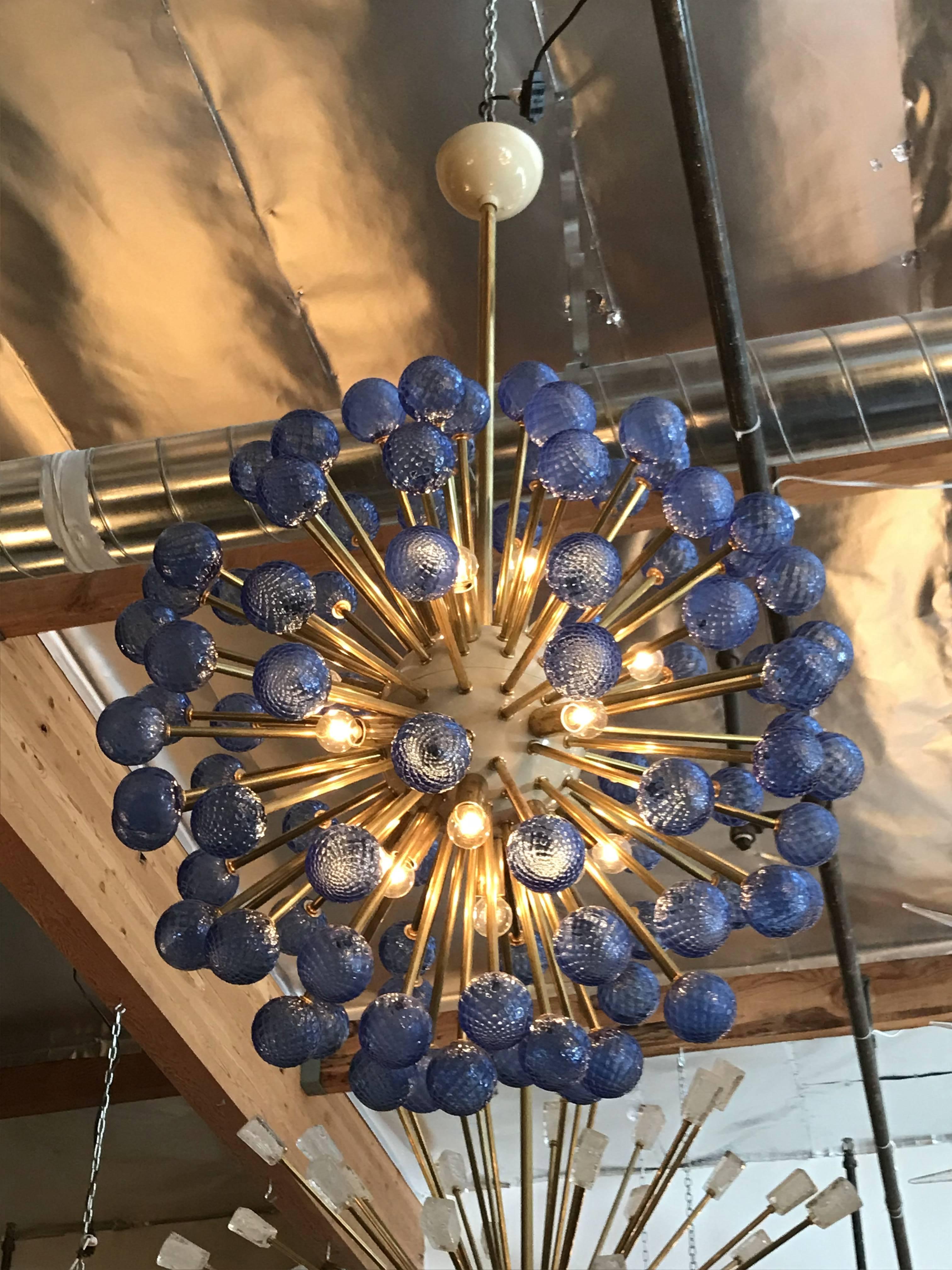 Brass Italian Modern Blue Murano Glass Sputnik