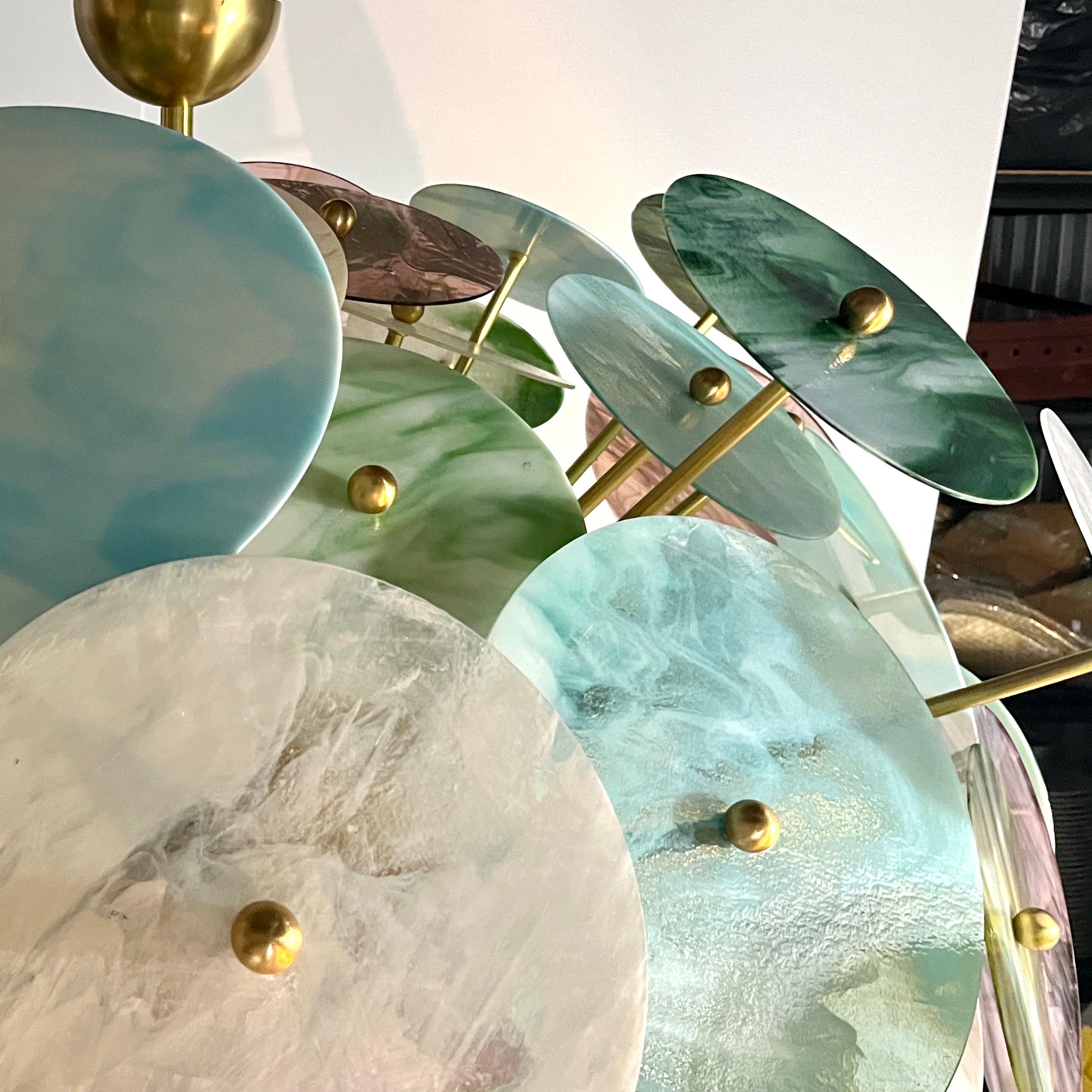 Italian Monumental Blue Pink Pastel Murano Glass Round Brass Sputnik Chandelier For Sale 11