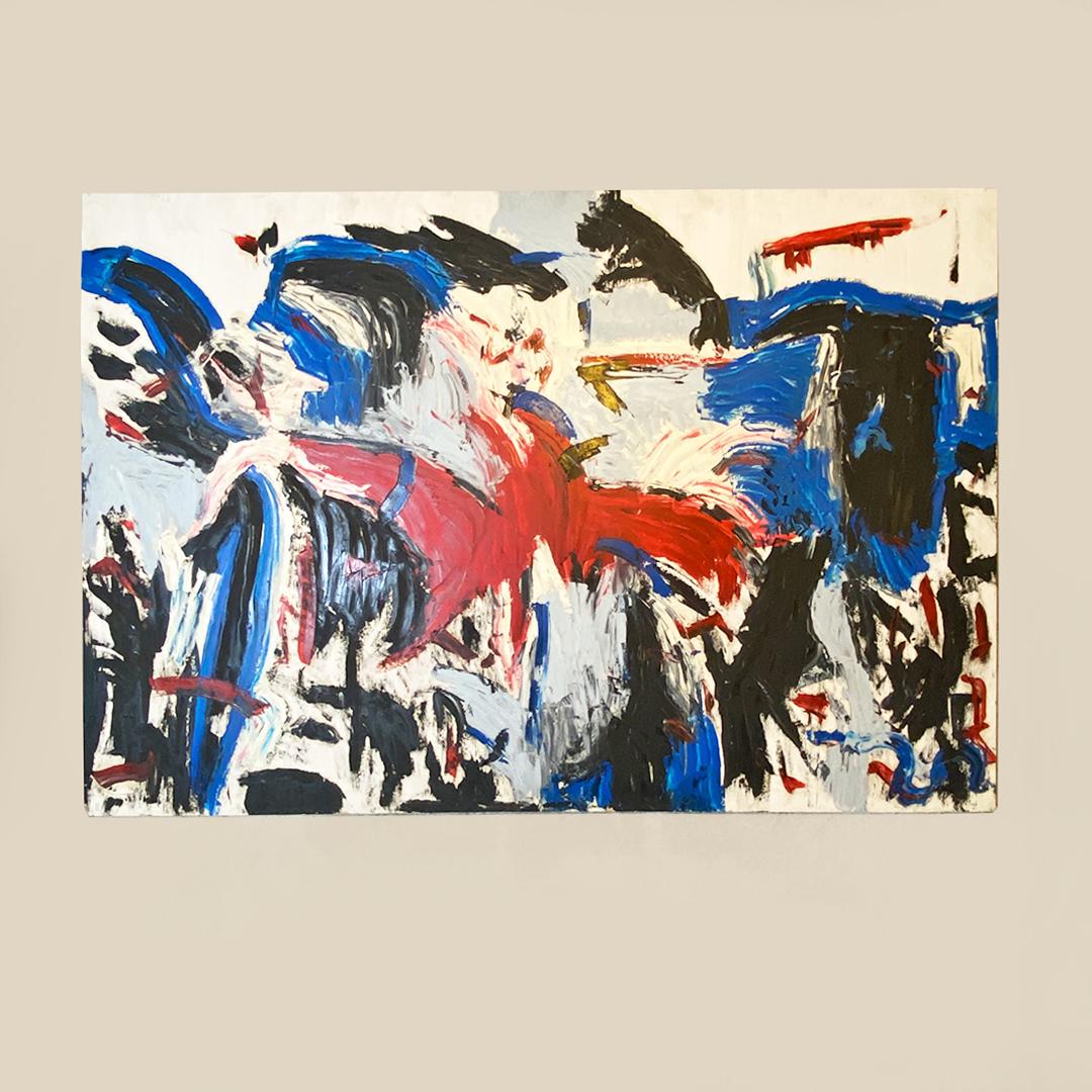 Cadre abstrait postmoderne italien bleu, rouge, noir et blanc avec support en bois, années 1980.
Cadre avec représentation abstraite dans les tons de bleu, rouge, blanc et noir. Réalisé avec de la peinture acrylique et de larges coups de pinceau