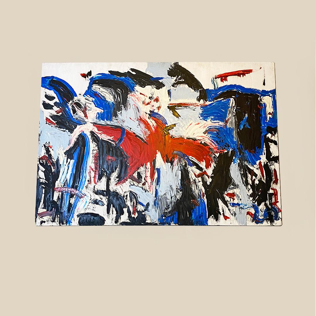 Postmoderno Quadro astratto moderno italiano blu rosso nero bianco con supporto in legno anni '80 in vendita