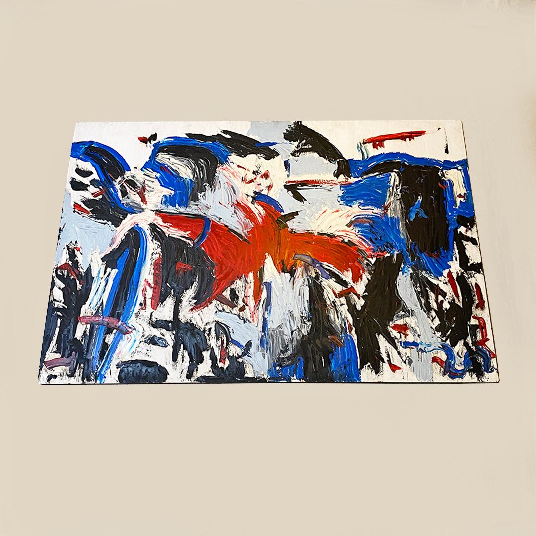 Italienische Moderne Blau Rot Schwarz Weiß Abstraktes Gerüst mit Holzträger 1980er im Zustand „Gut“ im Angebot in MIlano, IT