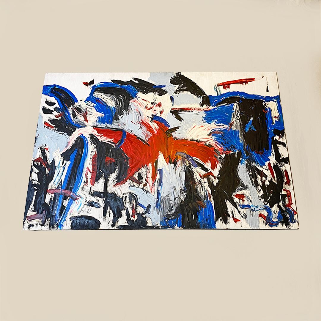 Italiano Quadro astratto moderno italiano blu rosso nero bianco con supporto in legno anni '80 in vendita