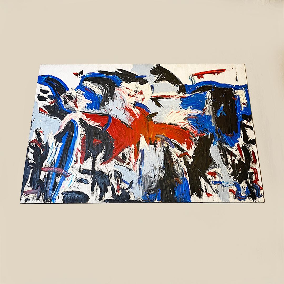 Cadre abstrait italien moderne bleu rouge noir blanc avec support en bois années 1980 Bon état - En vente à MIlano, IT