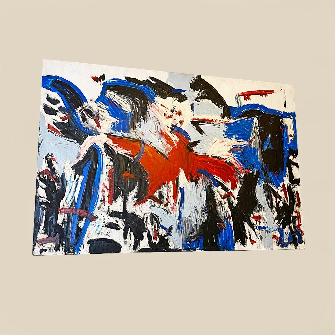 Quadro astratto moderno italiano blu rosso nero bianco con supporto in legno anni '80 In condizioni buone in vendita a MIlano, IT